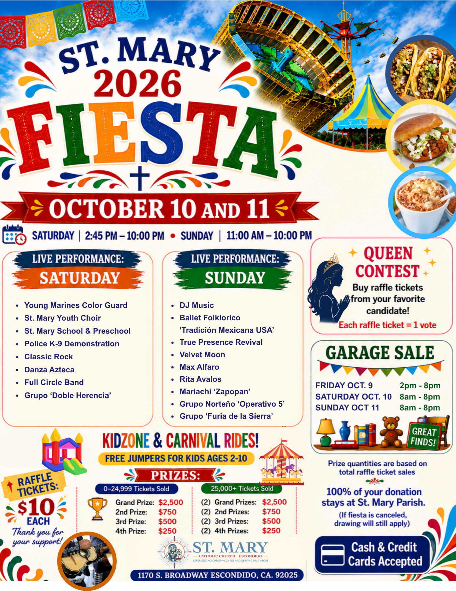 2025 St. Mary Fiesta poster with blue background, dates, music, games, and raffle details