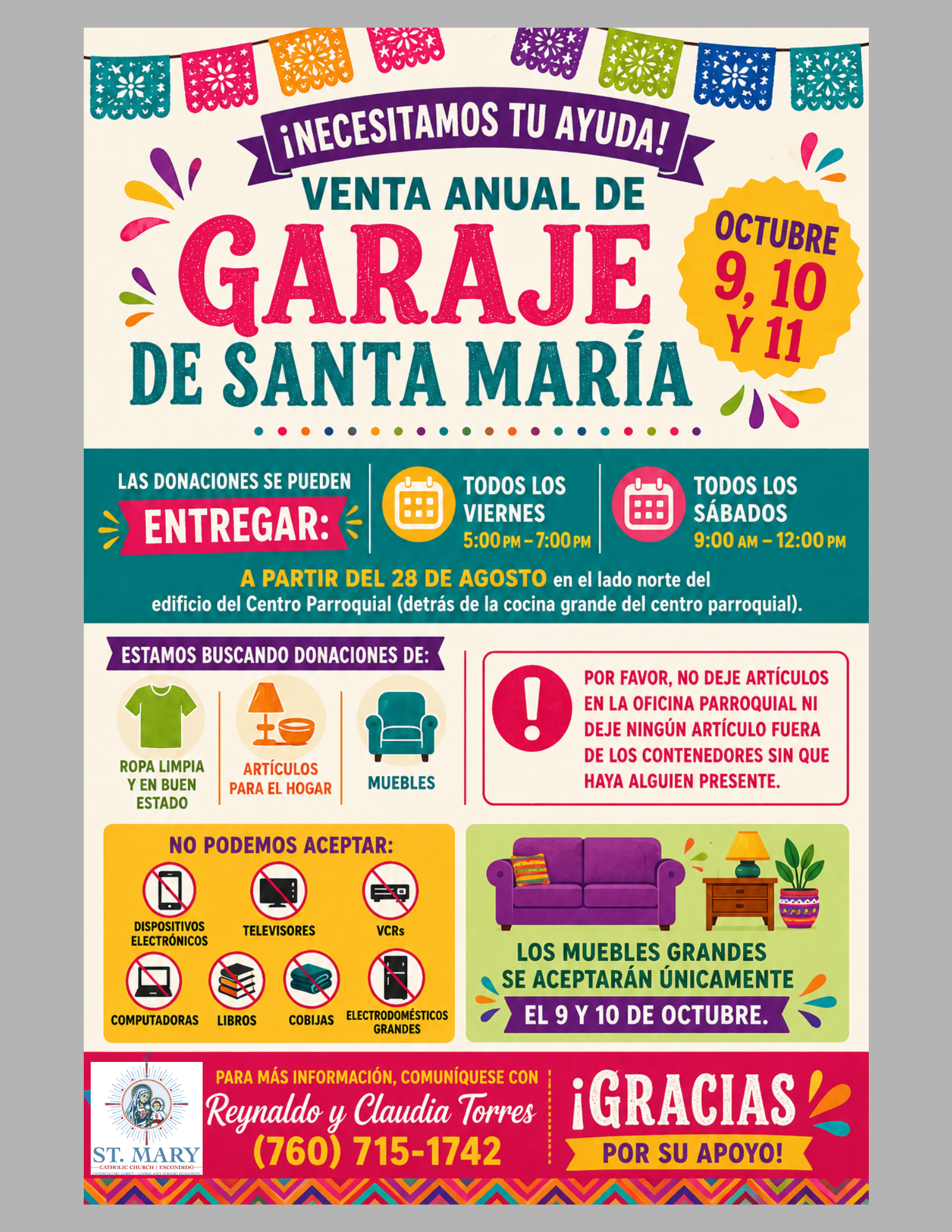 Garage sale flyer in Spanish asking for donations, with red sale signs and event details on a white background