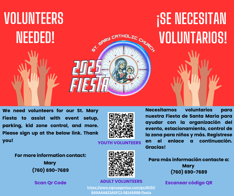 Volunteers needed poster with English and Spanish text, festival logo, hands, QR code, and contact info.