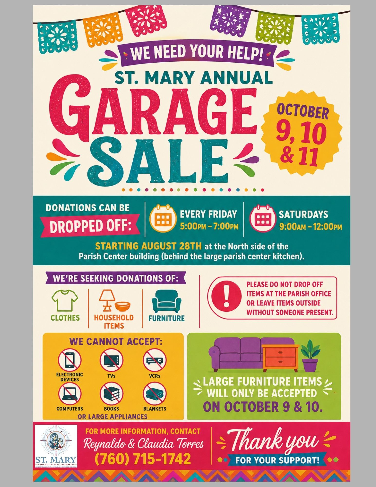 Purple-and-blue garage sale flyer announcing donations needed for Annua Fiesta de Sabor fundraiser