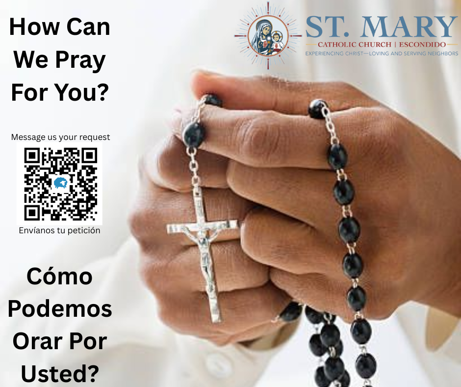 Rosary in hands with text asking how we can pray for you at St. Mary Catholic Church