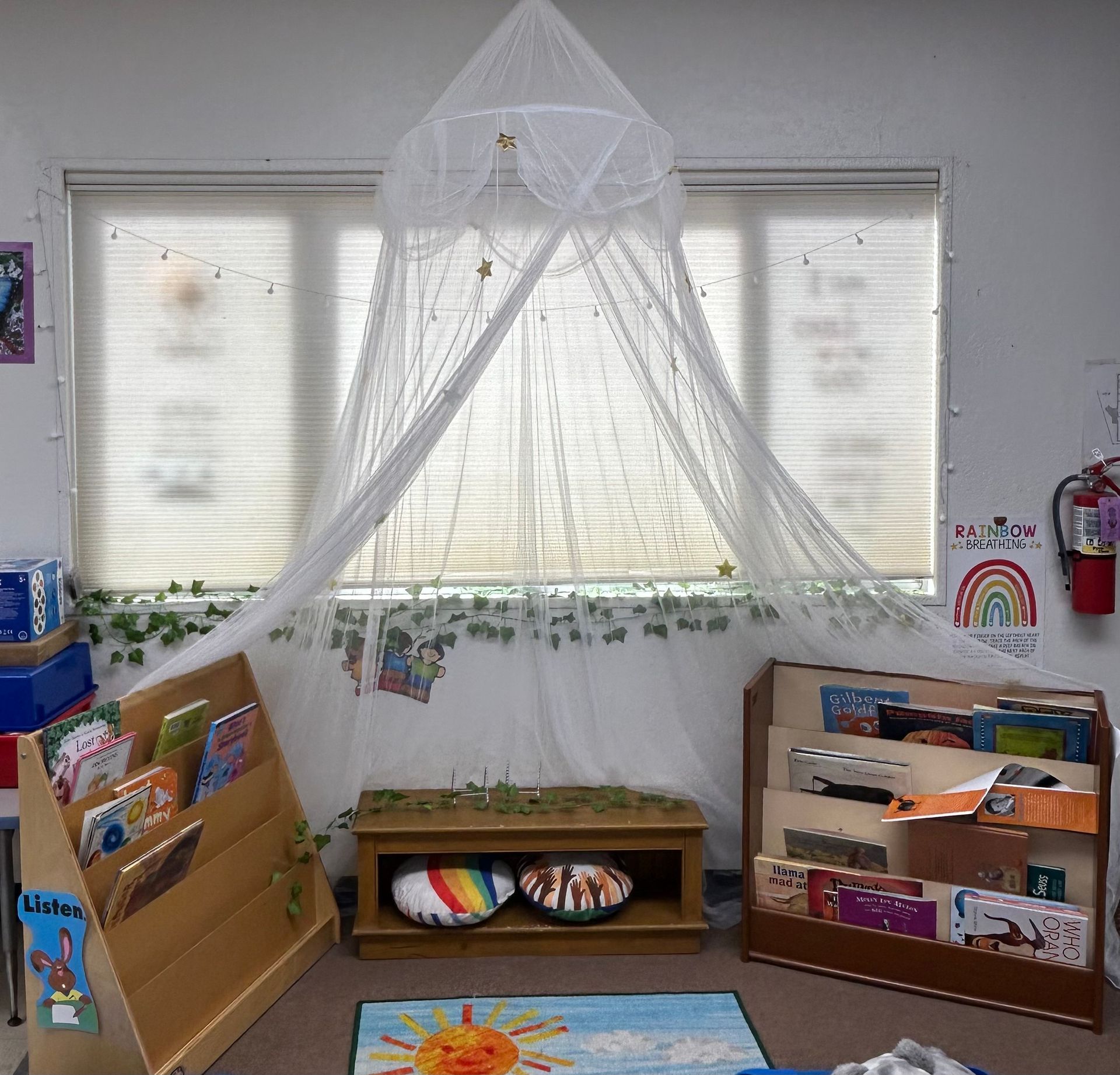 Cozy reading nook by windows with white canopy, bookshelves, rug, and low bench with pillows