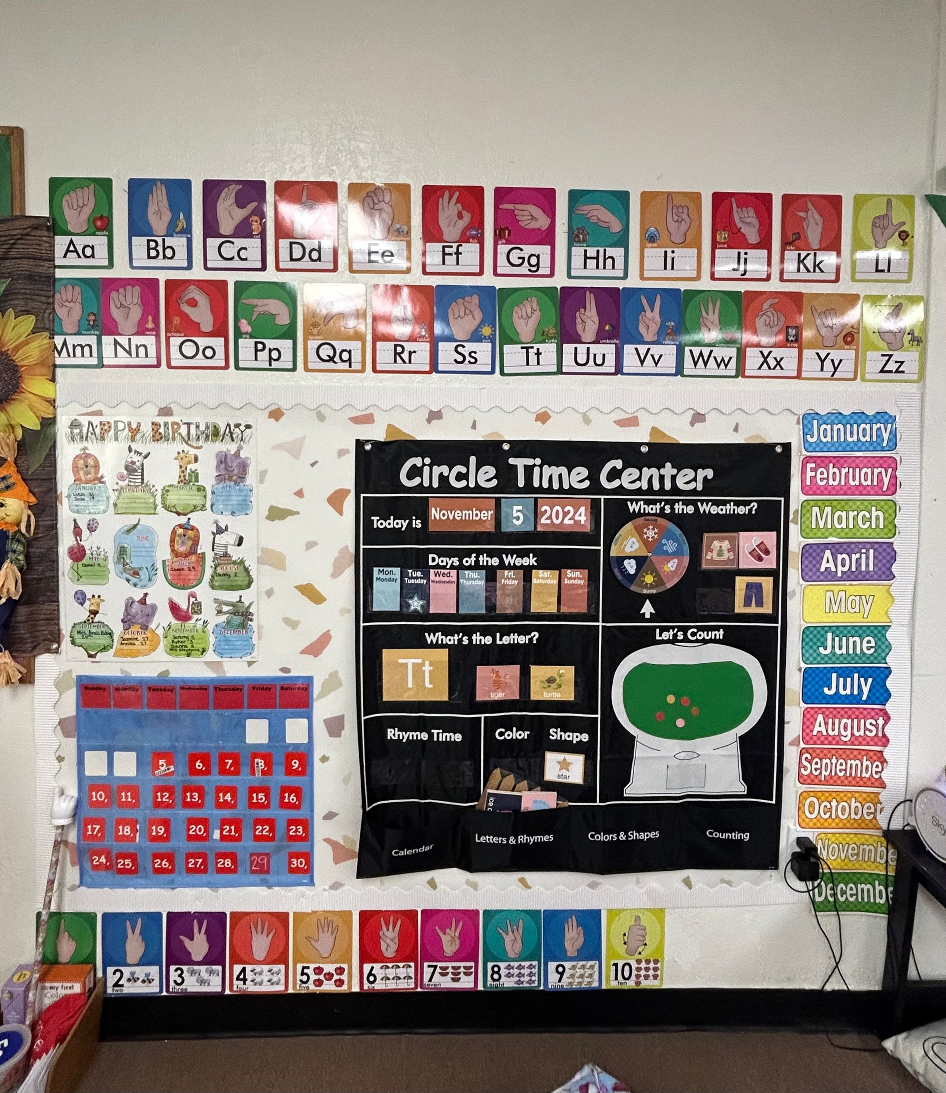 Classroom wall display with a Circle Time Center board, colorful letters, charts, and activity cards
