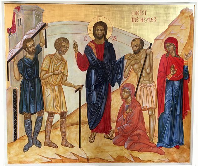Byzantine-style icon of Jesus healing a kneeling woman, with two onlookers nearby