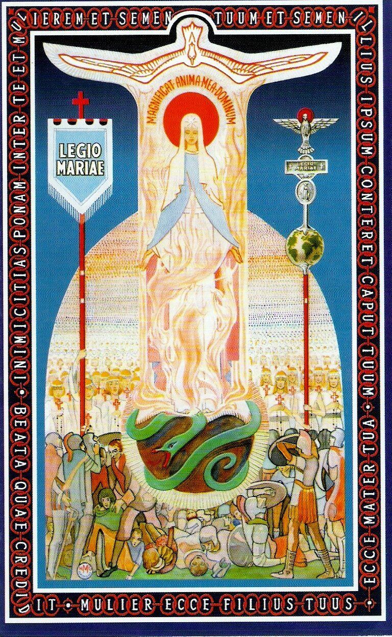 Illustrated religious poster of a radiant white-robed figure above green vine-like forms, with saints and symbols below.