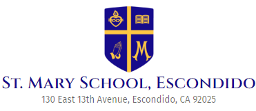 St. Mary School, Escondido logo with blue and gold shield and school address
