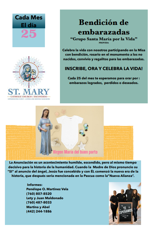 Cartel azul y blanco de “Bendición de embarazadas” con foto de Virgen y datos de evento de St. Mary.