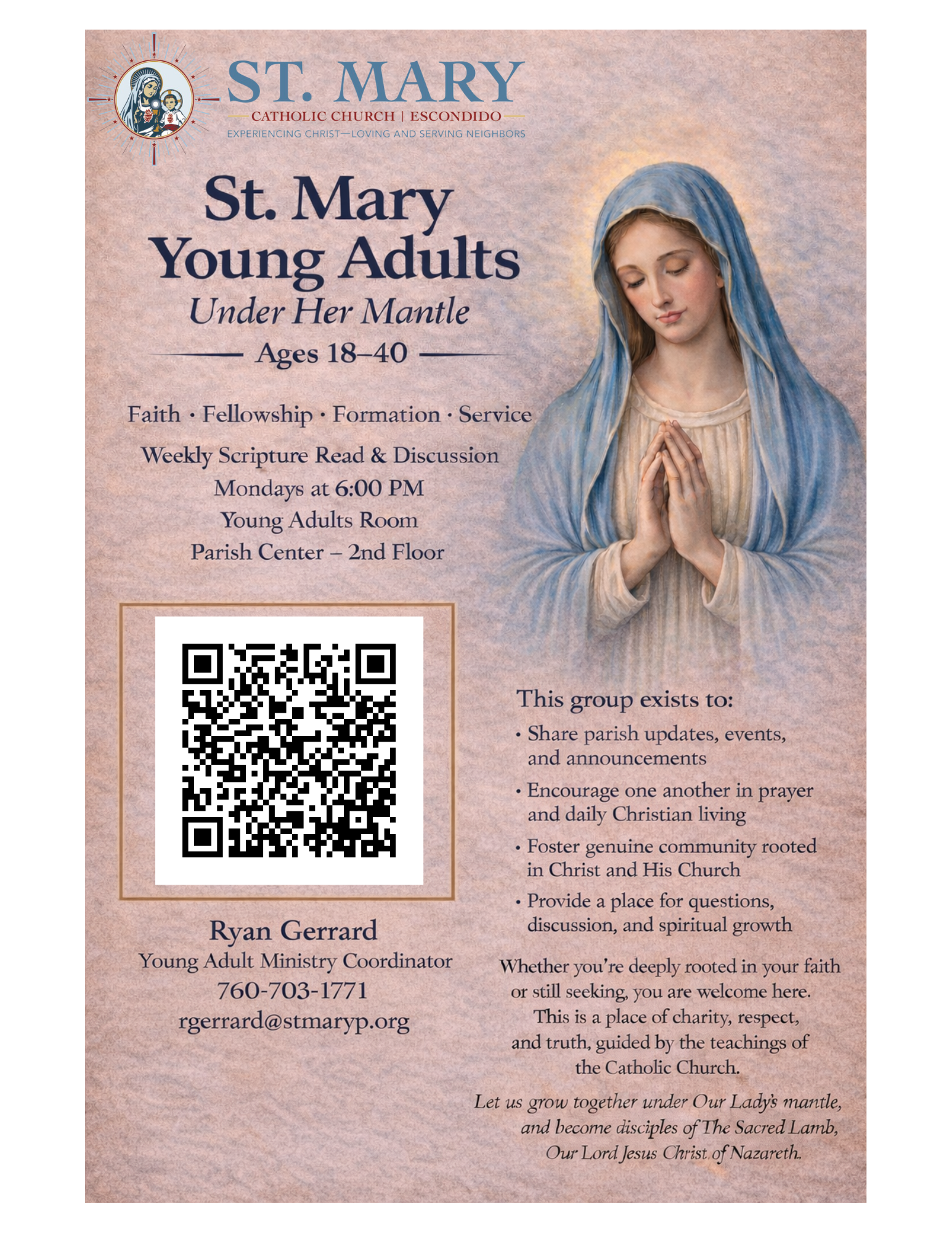 St. Mary Young Adults event flyer with Virgin Mary illustration, QR code, and contact details