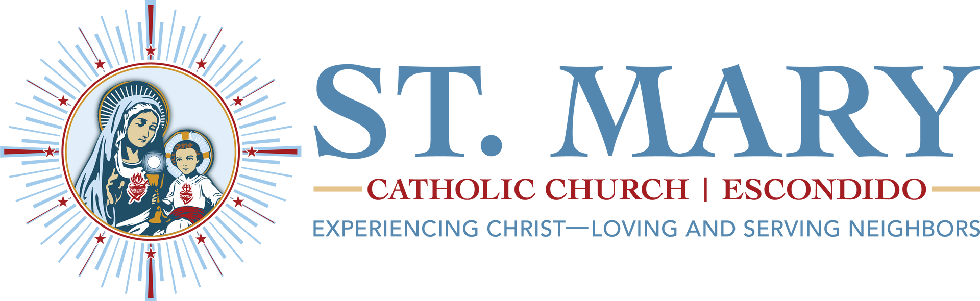 St. Mary logo with sunburst, Mary icon, and tagline “Experiencing Christ—Loving and Serving Neighbors”