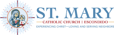 St. Mary logo with sunburst, Mary icon, and tagline “Experiencing Christ—Loving and Serving Neighbors”