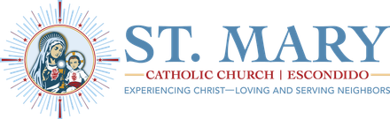 St. Mary Catholic Church Escondido logo with blue text and a stained-glass style emblem on white background