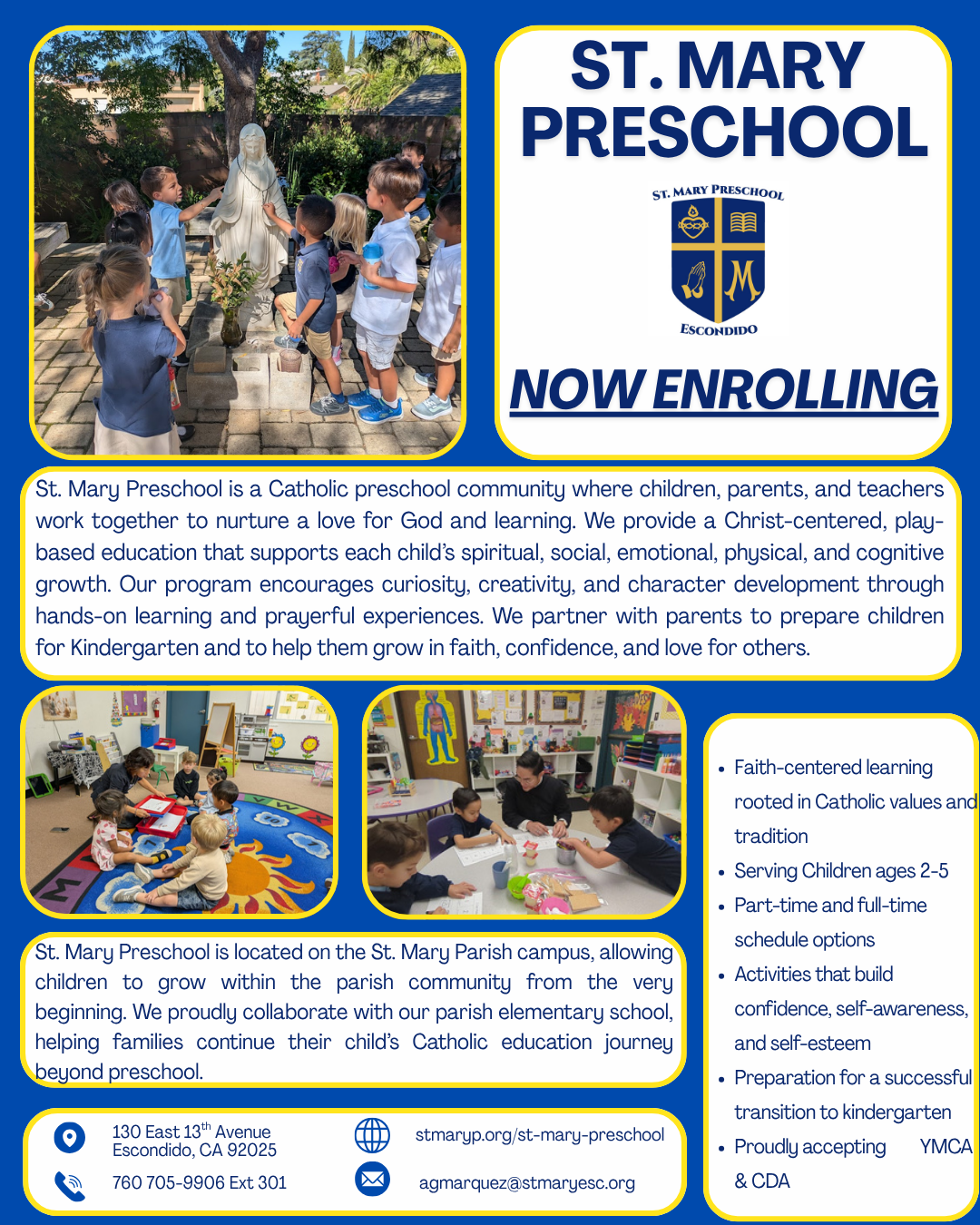 St. Mary Preschool flyer with photos of children, a statue, and blue-yellow design