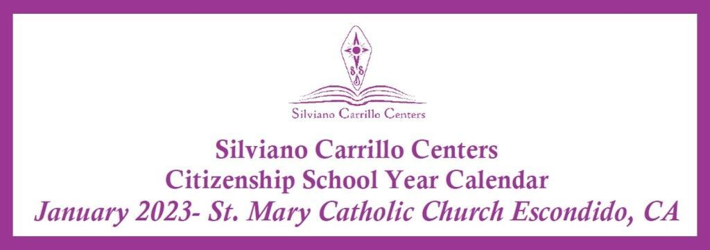 Purple-bordered Catholic school banner with a church logo and event text for January 2023 in Escondido, CA