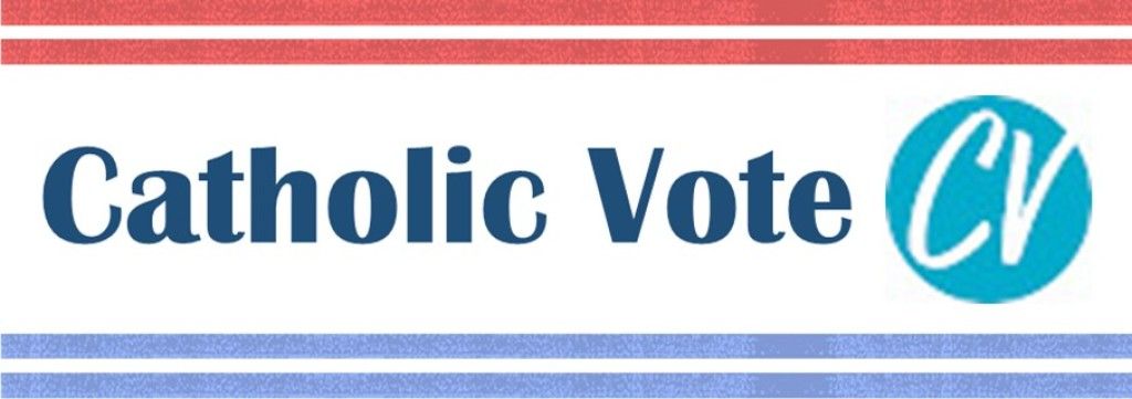 Catholic Vote logo with blue text and a teal CV circle on a red, white, and blue striped background