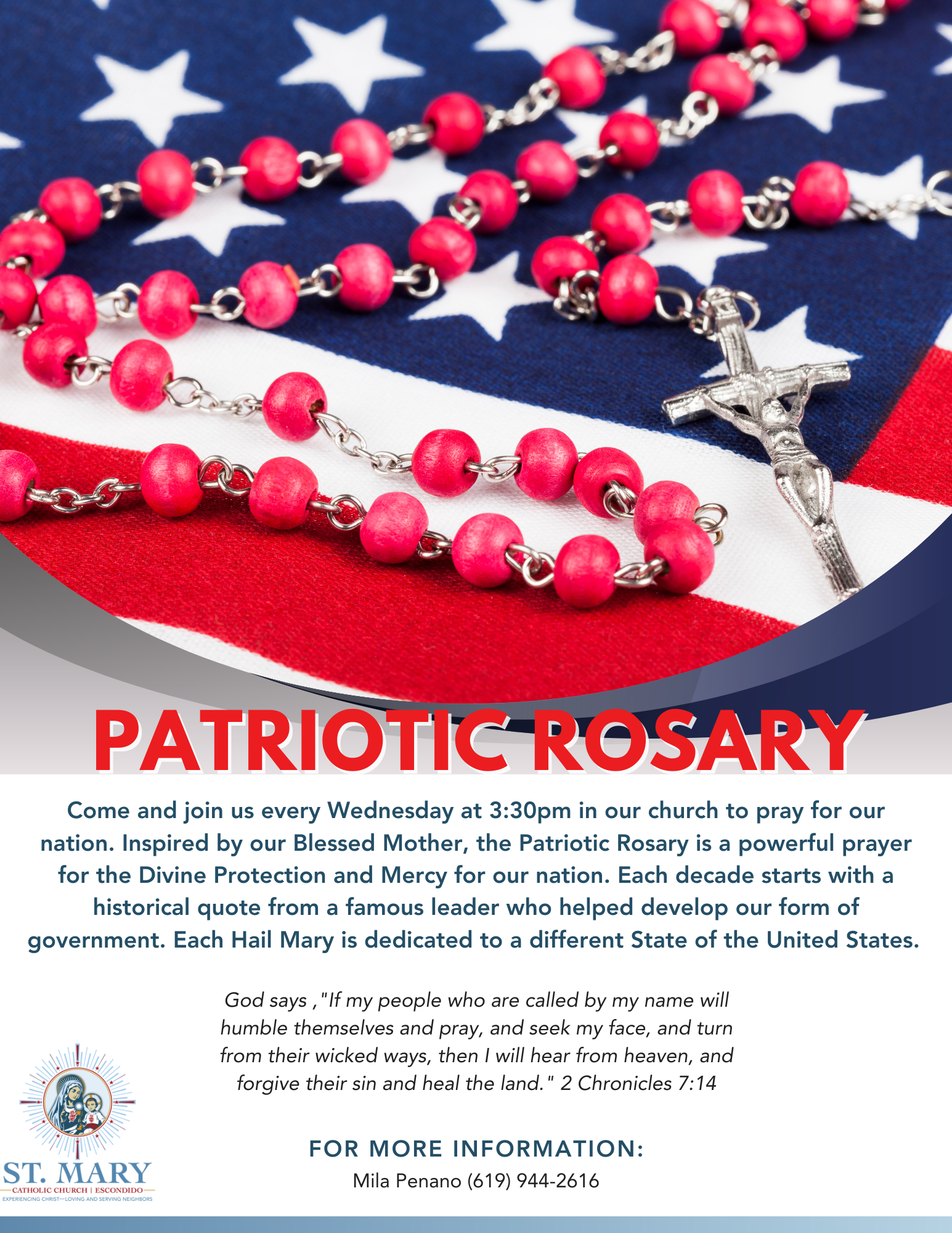 Patriotic rosary with red beads and silver crucifix on an American flag background.