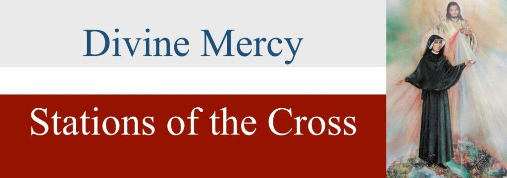 Divine Mercy title banner with “Stations of the Cross” and a small sacred image on the right