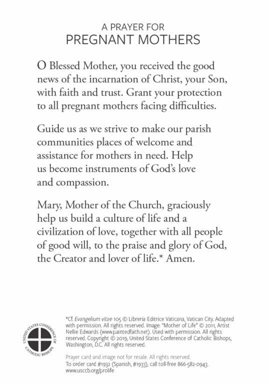 Prayer card titled “A Prayer for Pregnant Mothers” with a short prayer and a small cross logo.