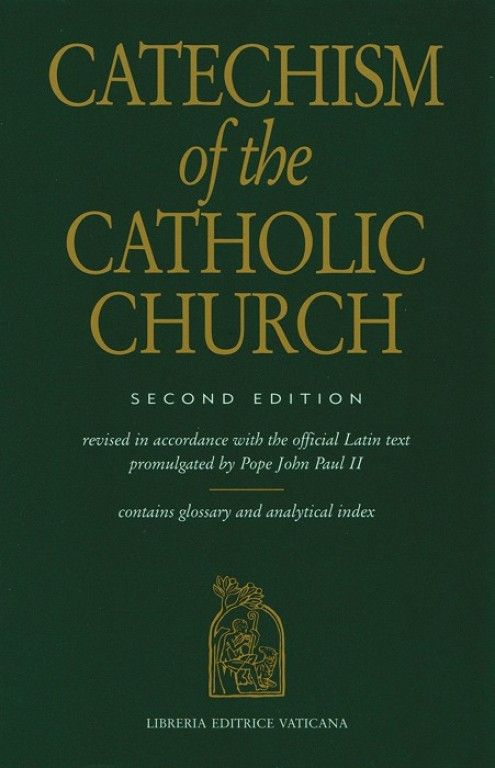 Green cover of the Catechism of the Catholic Church, Second Edition, with gold text and Vatican seal