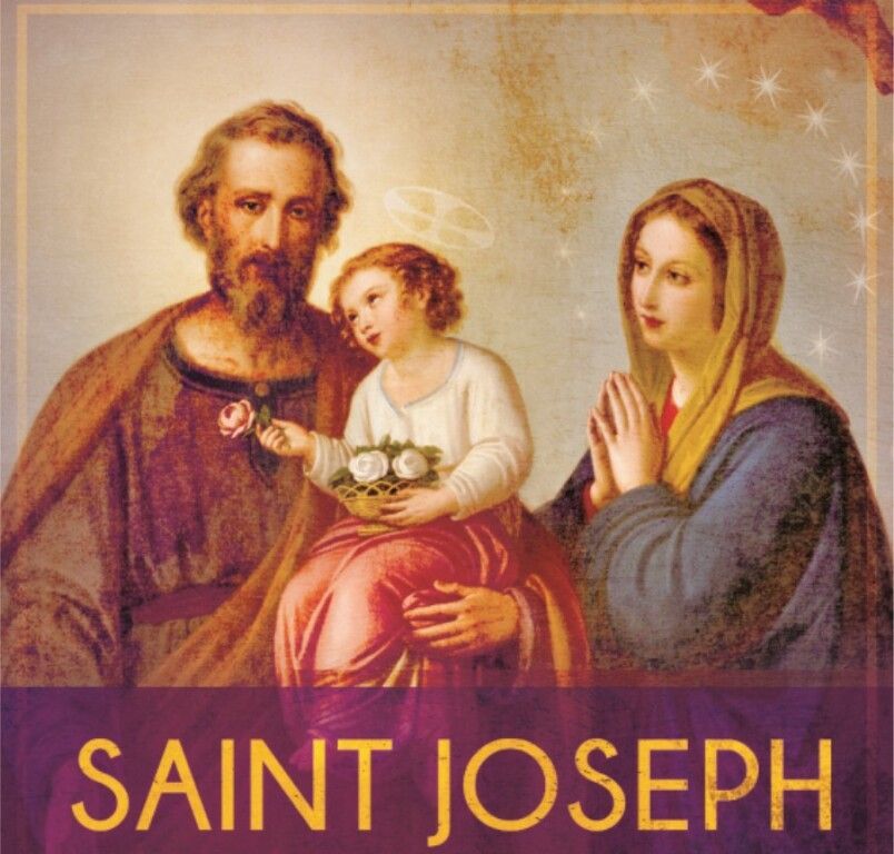 Saint Joseph with child Jesus and praying Mary, gold-toned religious illustration with title text