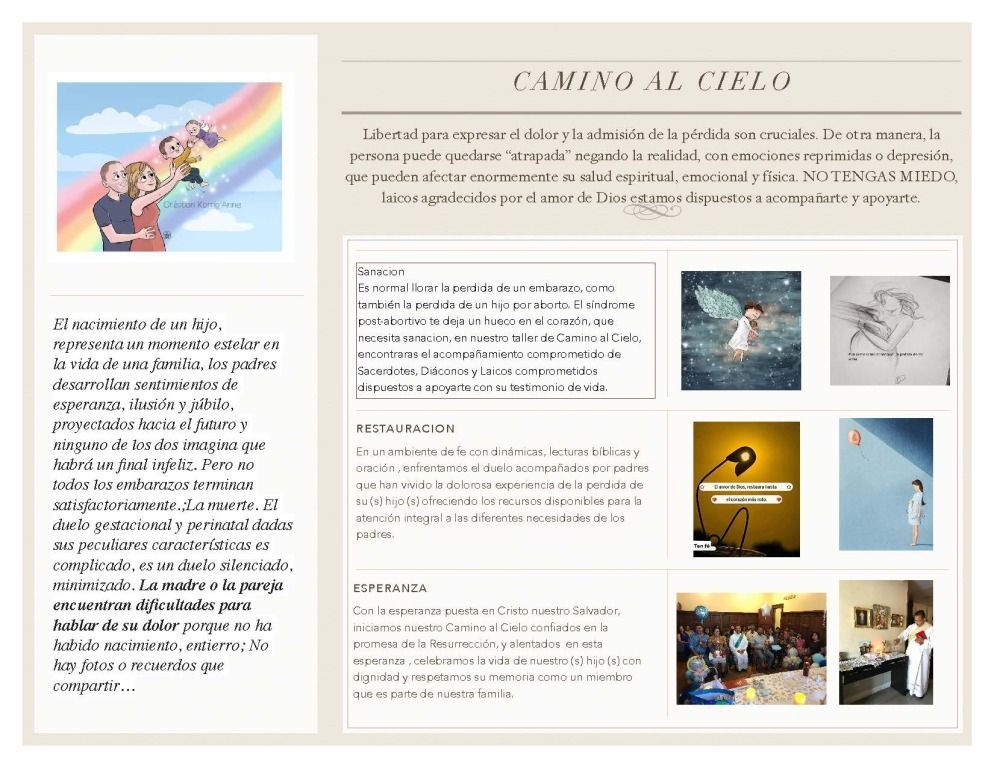 Magazine-style page with title “Camino al Cielo,” text columns, and photos of a person performing and singing