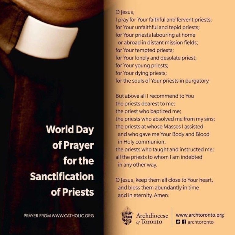 Poster for World Day of Prayer for the Sanctification of Priests, with priestly robe and prayer text.