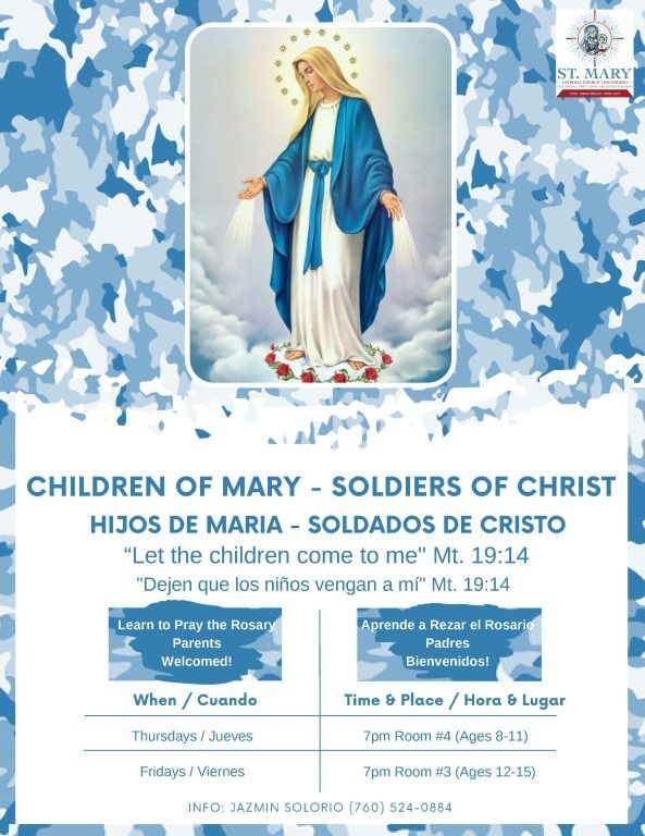 Religious event flyer with a Mary statue, blue floral background, and schedule details