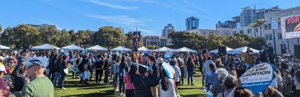 Crowded outdoor festival with tents, people gathered on a grassy field, and city buildings in the background