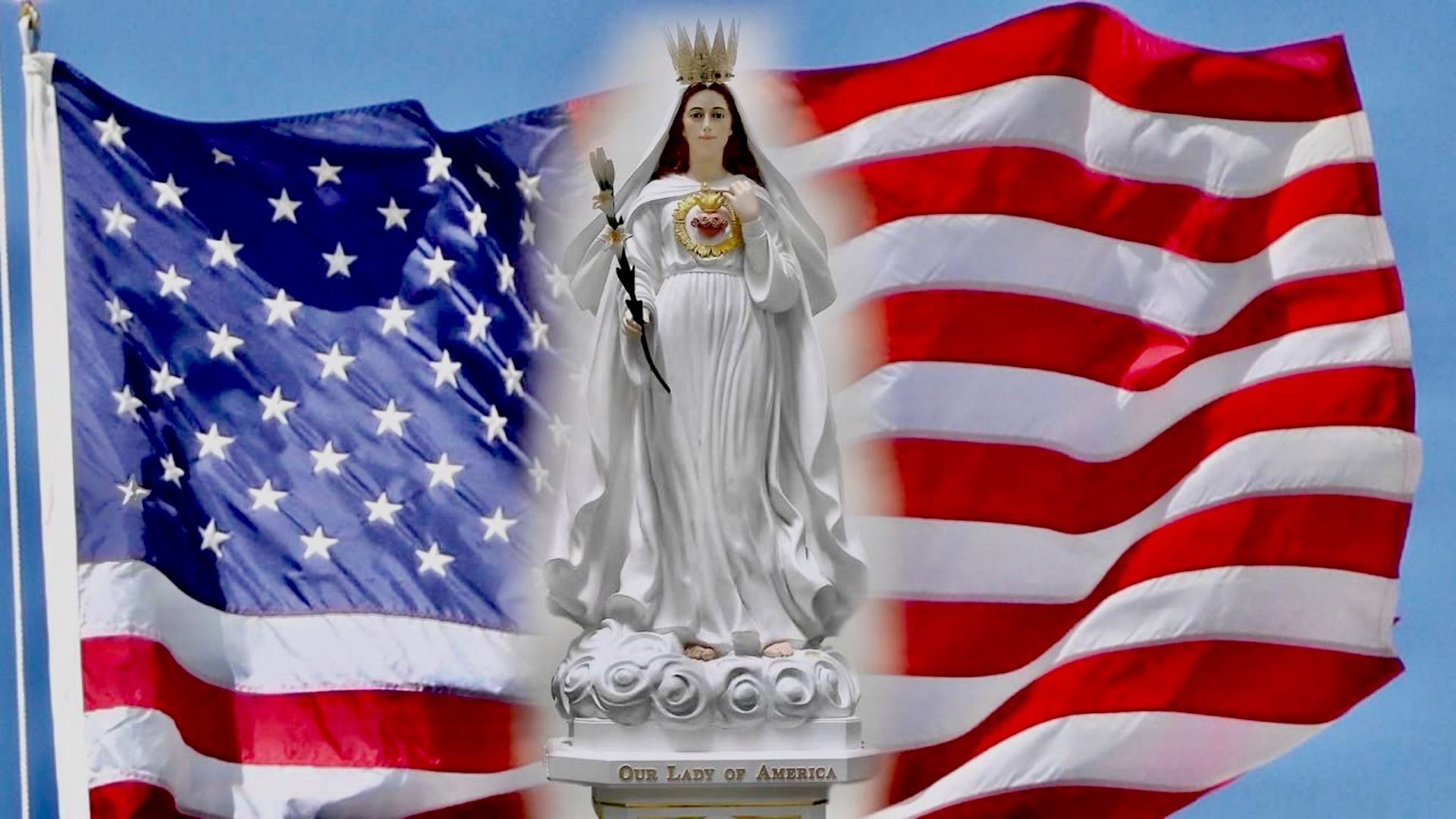 Statue of the Virgin Mary before a waving U.S. flag