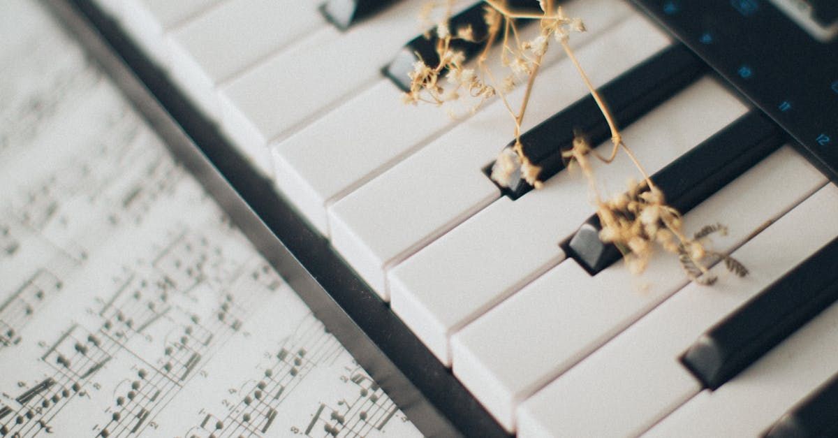 Piano keys with sheet music and dried flowers laid across them