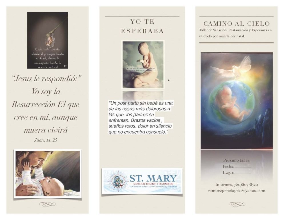 Three Spanish prayer cards with religious imagery and text, including Jesus, Mary, and a rainbow sky scene.