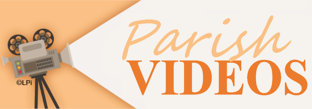 Parish Videos logo with orange text, a camera on a tripod, and light orange geometric background