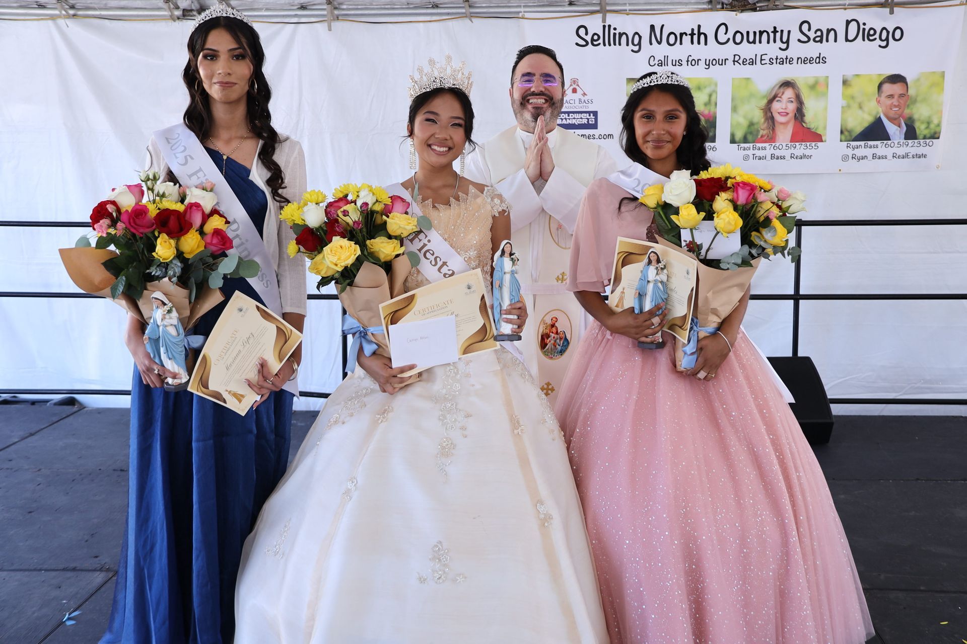 Four pageant winners holding bouquets and awards at a North County San Diego event