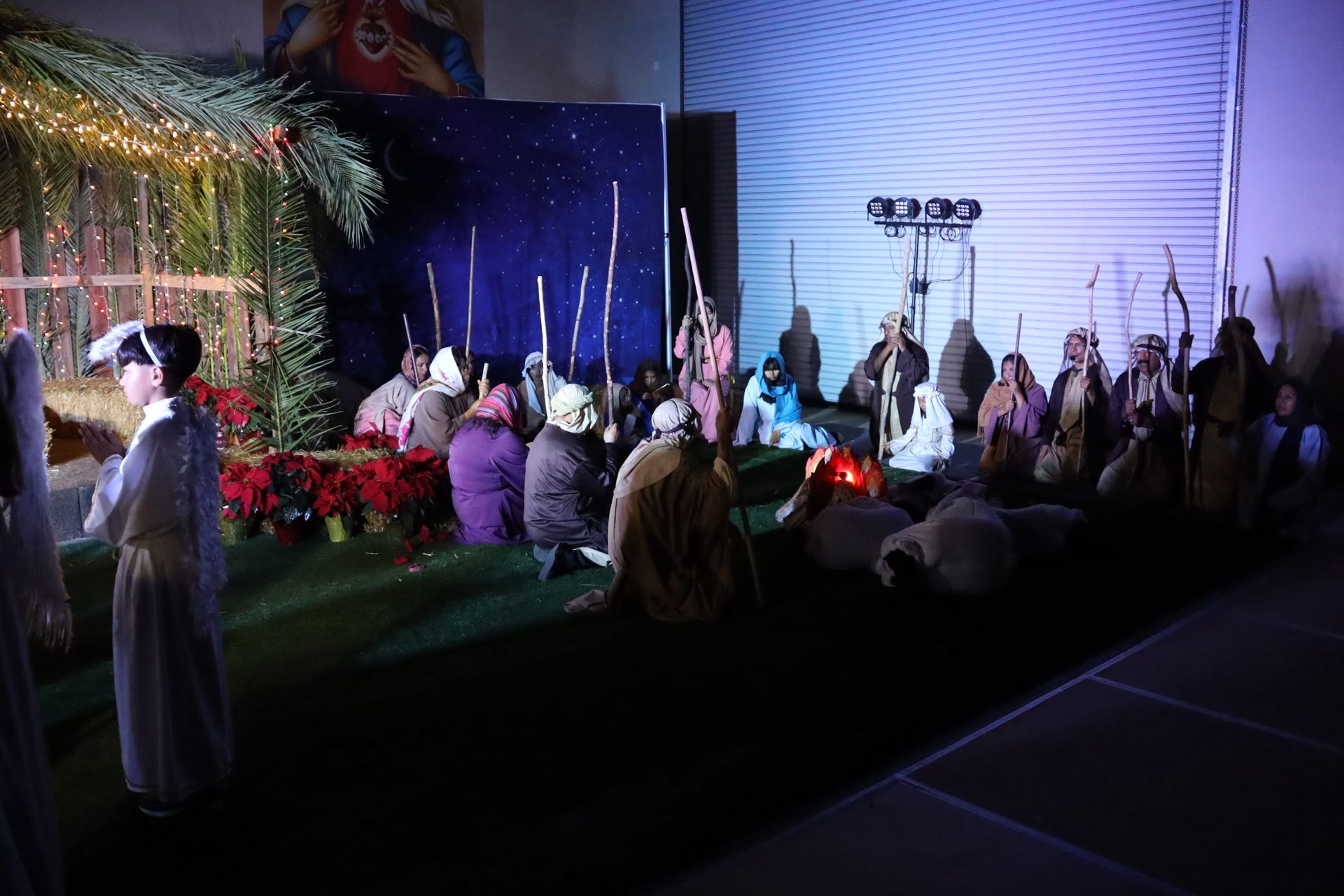Audience watching a lit outdoor stage performance at night, with performers and red flowers in front of a blue backdrop