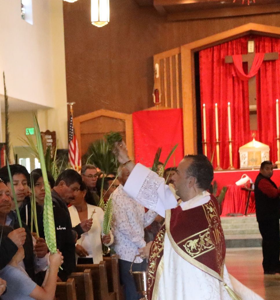 Church procession with people holding palm branches, red altar drapery in the background