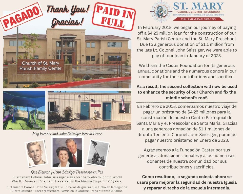 St. Mary Church notice with church photos, “PAGADO” and “PAID IN FULL” stamps, and fundraising text