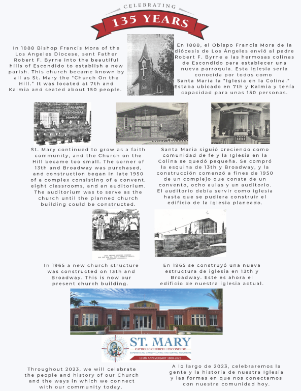 St. Mary 135 years commemorative poster with historic building photos and a red-brick school facade.
