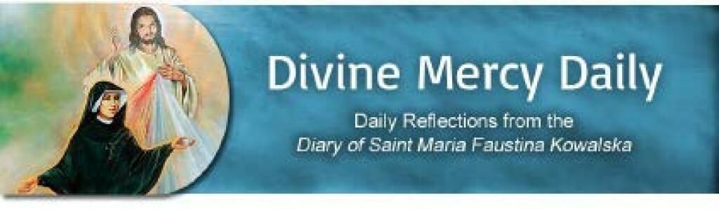 Banner for “Divine Mercy Daily” with Jesus and a small figure praying on a blue background