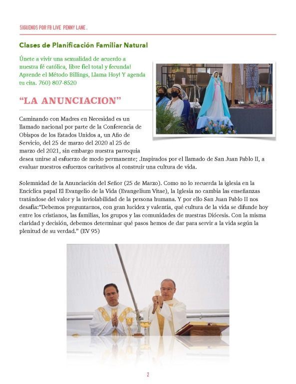 Magazine page about “La Anunciación” with church images and priests at the altar