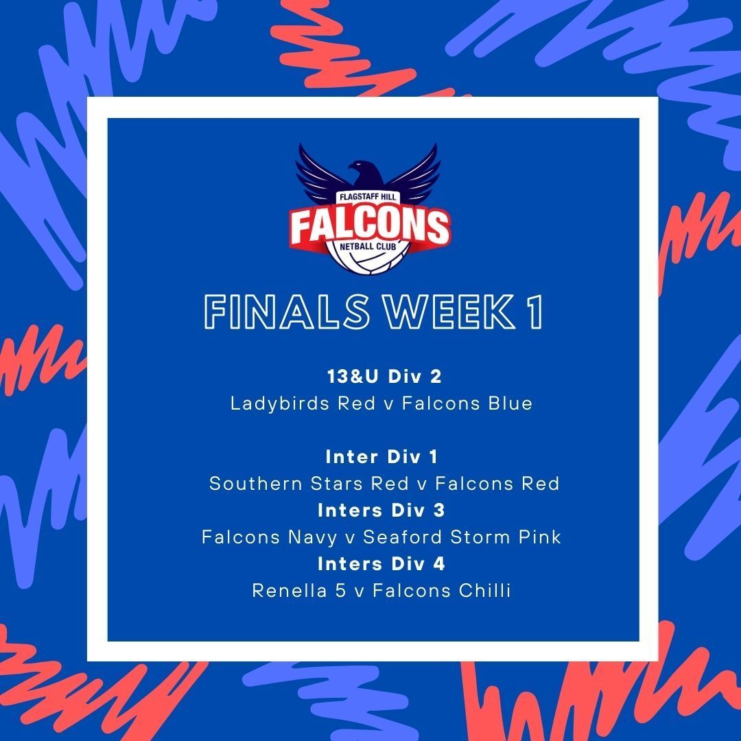 Falcons Finals Week 1 schedule poster on blue background with red and white accents