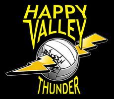 Happy Valley Thunder volleyball logo with yellow text, a volleyball, and lightning bolts on black