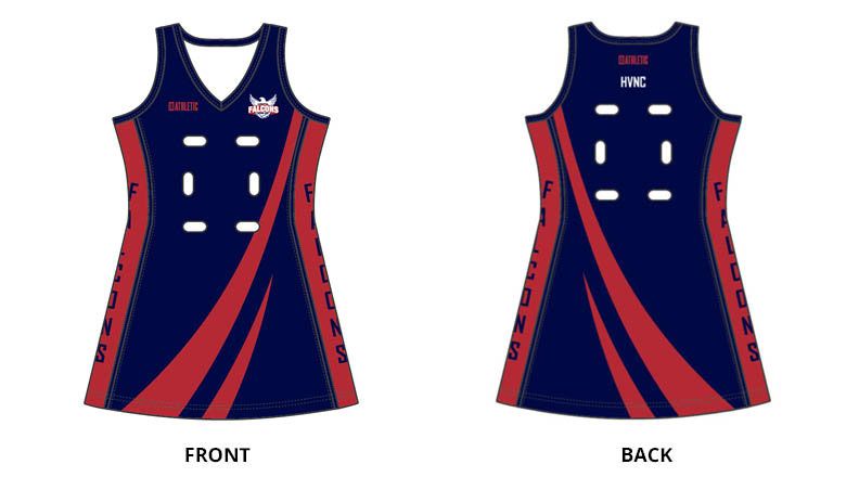 Front and back of a navy and red netball dress