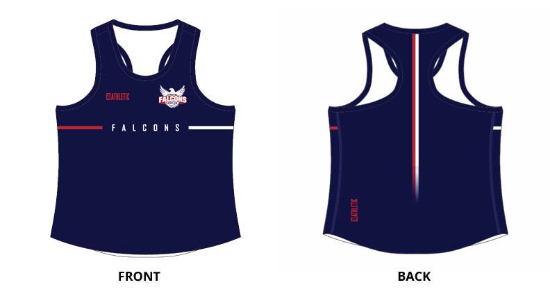 Front and back of a navy basketball jersey with red side panels and “Falcons” text.
