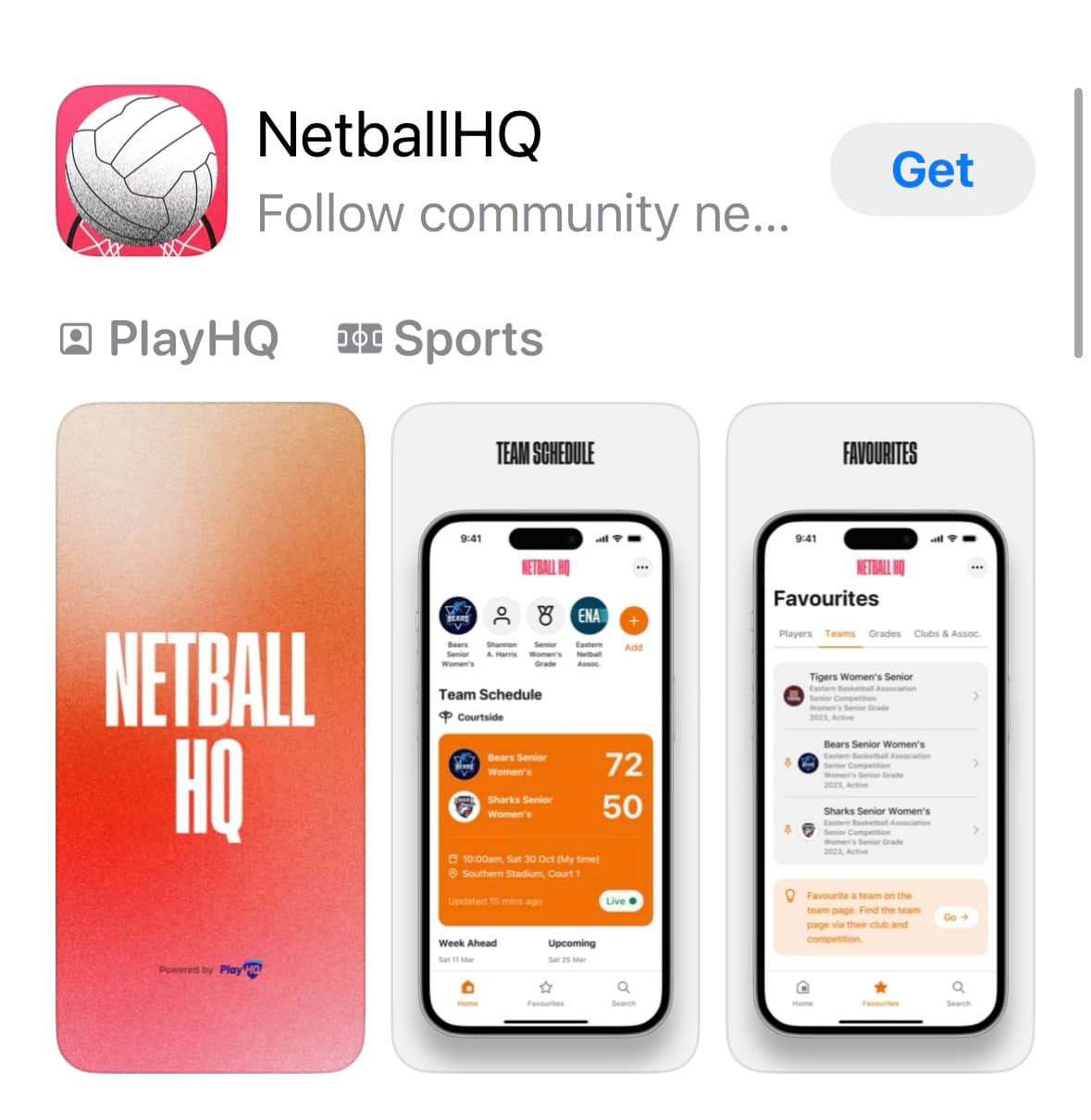 App Store listing for NetballHQ with orange-red app screenshots and a blue Get button