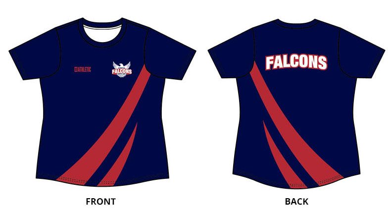Front and back views of a navy sleeveless Falcones sports jersey with red and white accents