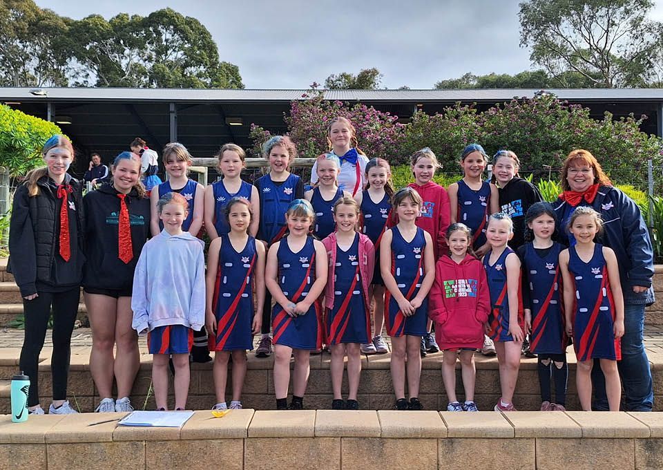 Group of uniformed swimmers posing on a pool deck with medals, holding award ribbons and smiling.