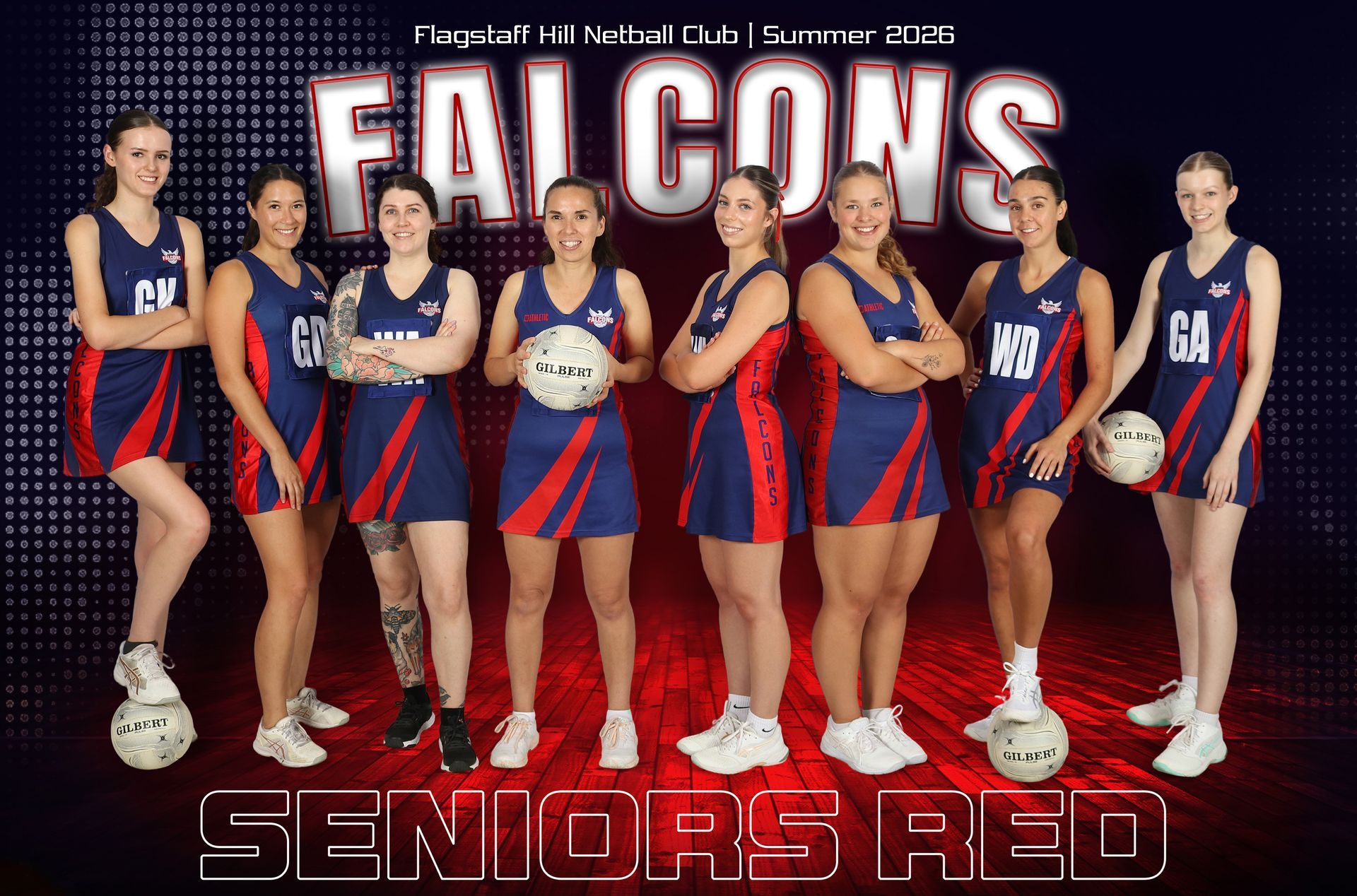 Falcons seniors red team volleyball lineup in red and blue uniforms with volleyballs on dark background
