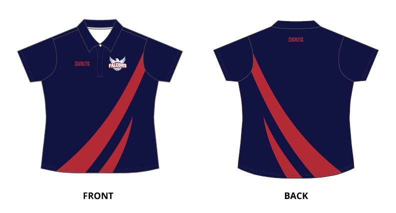 Front and back views of a navy sleeveless Falcones sports jersey with red and white accents