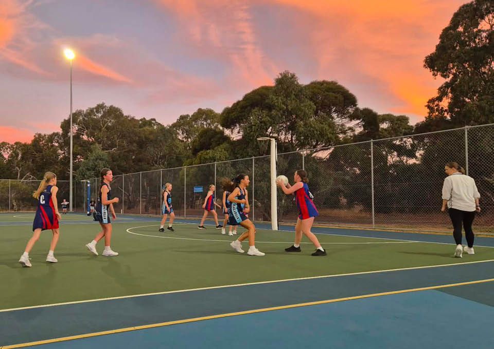 Girls playing netball on an outdoor court at sunset, with trees and a chain-link fence in the background