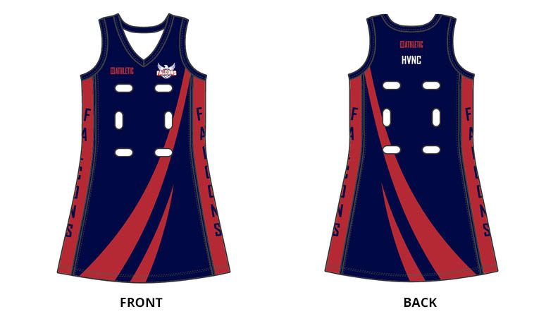 Front and back views of a navy athletic jersey with red diagonal stripes and a white chest logo