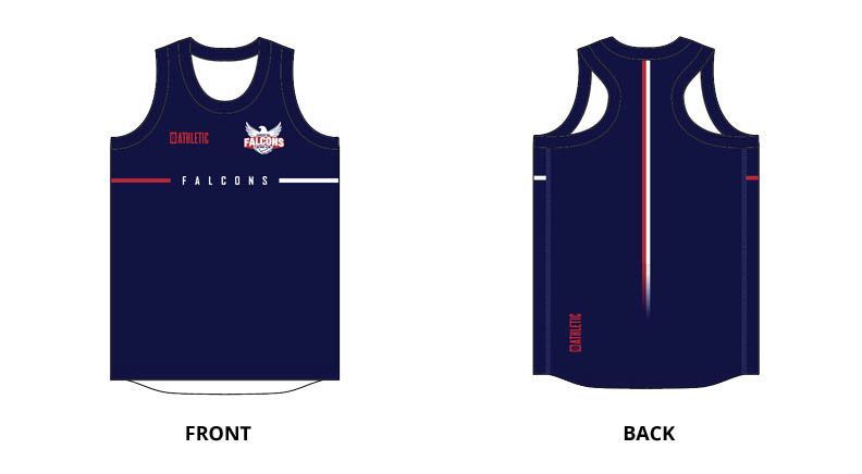 Front and back of a navy basketball jersey with red side panels and “Falcons” text.